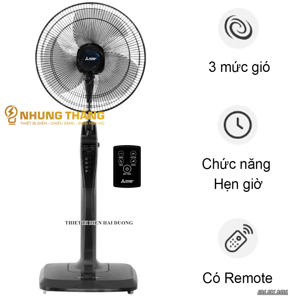 Quạt cây Mitsubishi LV16-RB CY-GY (Xám) - Có điều khiển từ xa -3 chế độ gió - Công suất 47w - Bảo hành 12 tháng