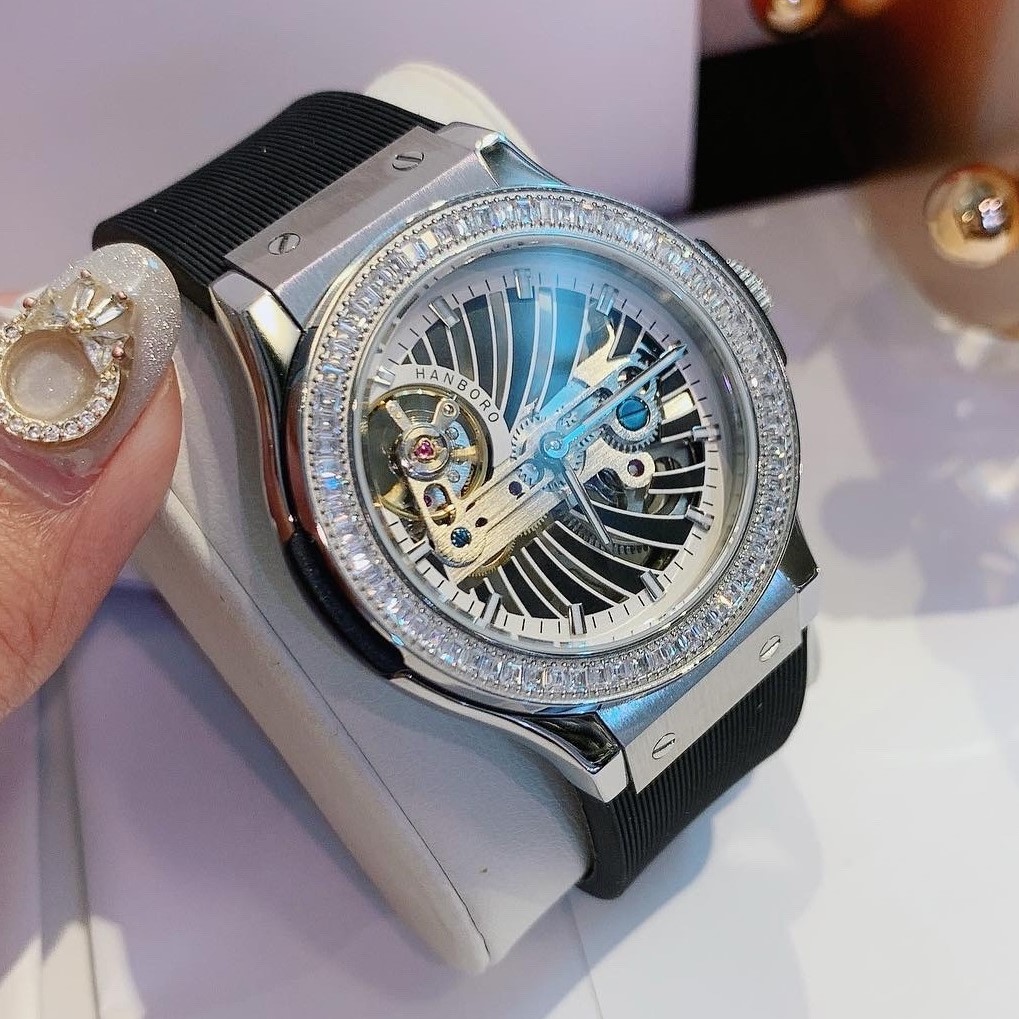 [HCM]Đồng Hồ Nữ Hanboro Automatic Dây Silicon Đen Silver Chính Hãng 36mm
