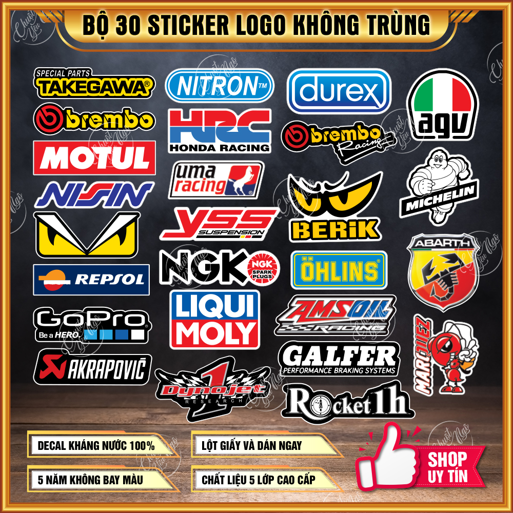 Bộ 30 sticker hình dán decal tem xe logo fendi ohlins durex monster dán điện thoại laptop nón bảo hiểm xe máy
