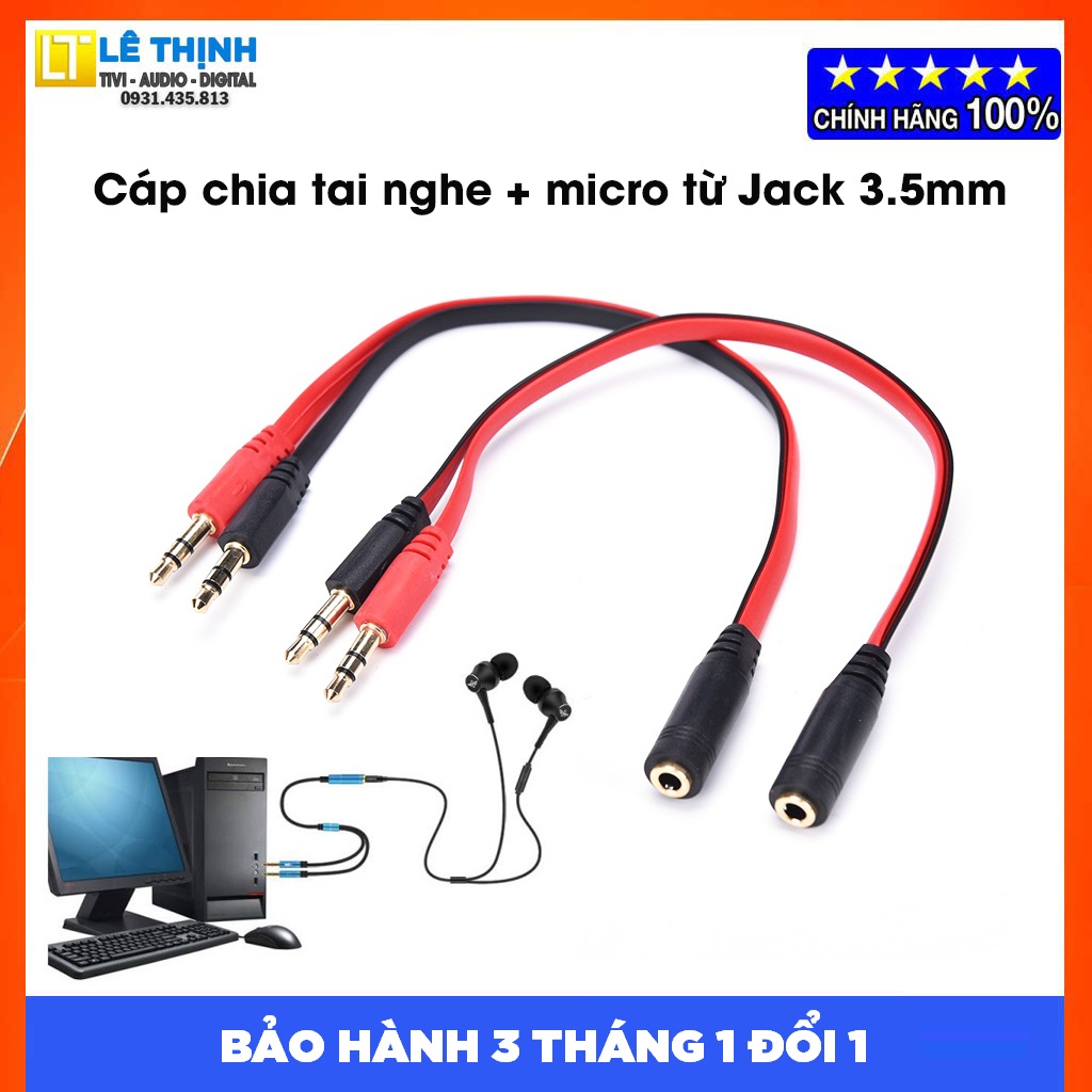 Cáp gộp audio và mic 2 vào 1 ra Jack 3.5mm (cáp chuyển tai nghe điện thoại cho máy tính PC)