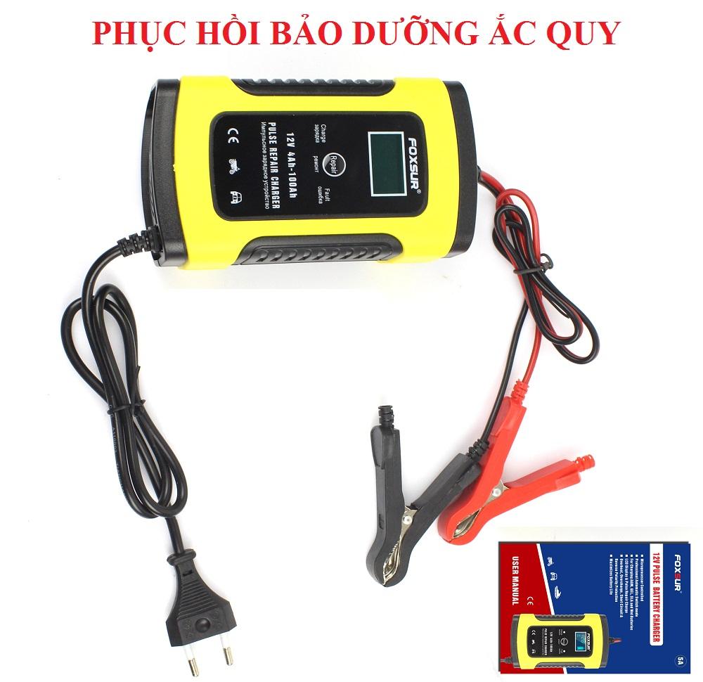 Máy sạc bình ắc quy thông minh tự ngắt 12V/5A 4ah-100ah chức năng phục hồi bảo dưỡng ắc quy FOXSUR (Vàng)