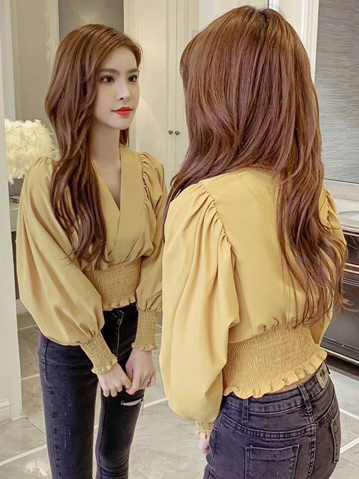 Áo voan cổ V đắp chéo nhún eo bao tay thời trang TTSLA0023