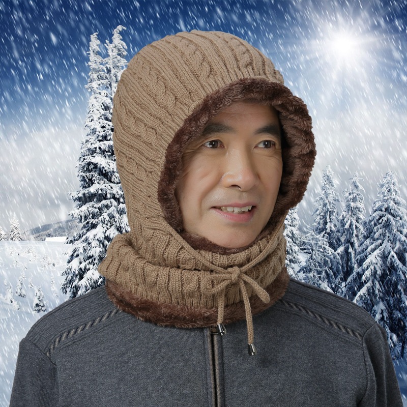 Bộ khăn mũ len lót lông cho người già người lớn tuổi trùm kín đầu tai cổ tránh gió lạnh mùa đông - mu khan len lot long nguoi gia lon tuoi