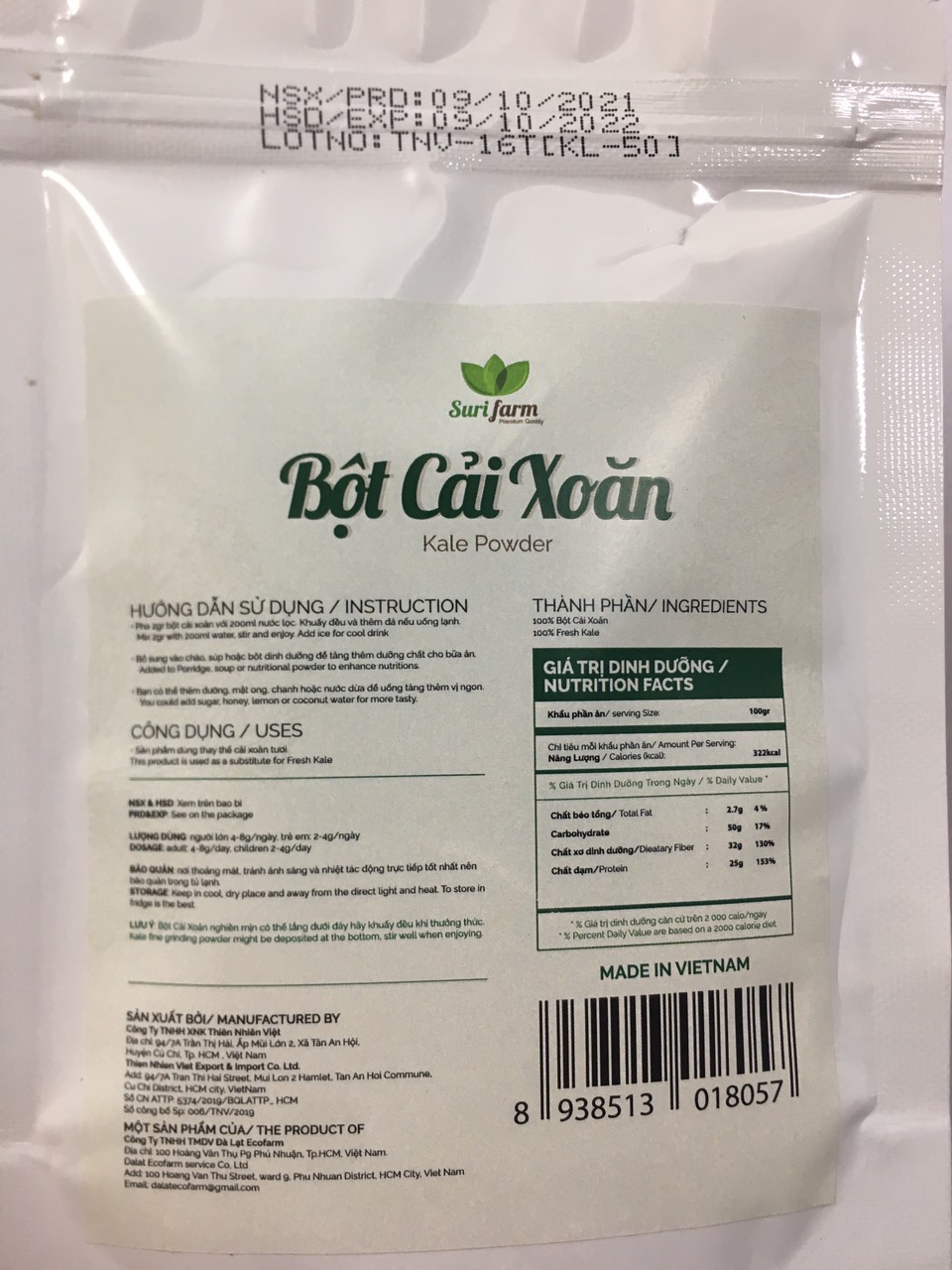 Bột rau cải xoăn Kale Surifarm 50gr