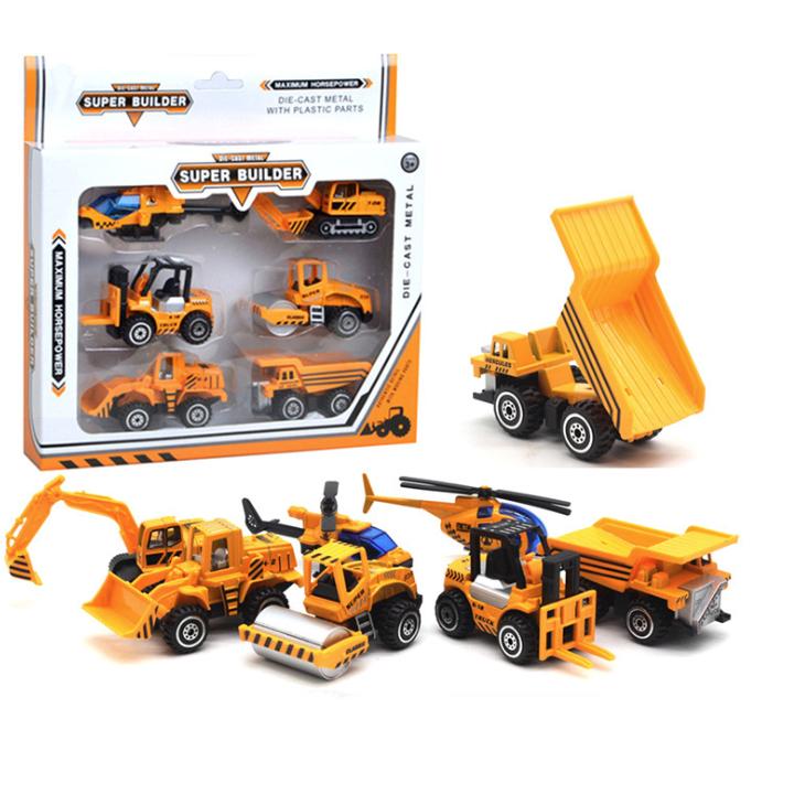 Đồ chơi trẻ em bộ xe die cast mô hình xe công trình mini gồm 6 chiếc bằng hợp kim và nhựa tỉ lệ 1:64