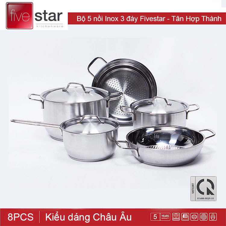 Bộ 5 nồi Inox 3 đáy Fivestar dùng bếp từ chính hãng Tân Hợp Thành, bảo hành 60 tháng - Nồi 24cm/20cm/18cm hoặc Chảo 24cm hoặc Xửng 24cm