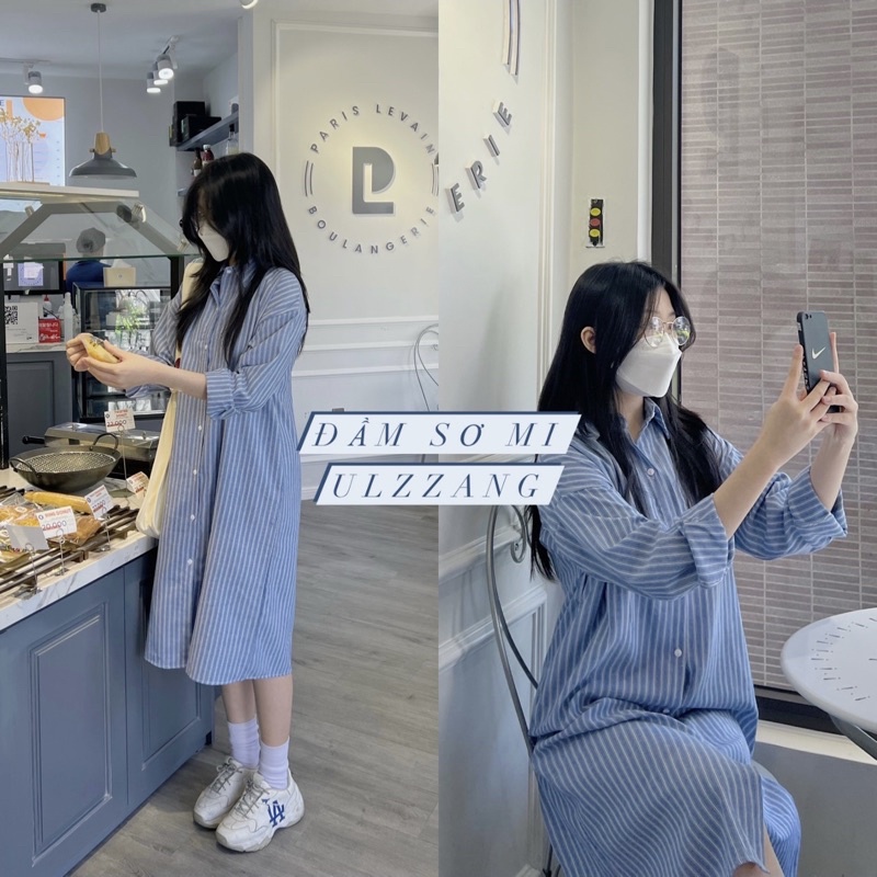 (Oldschoolcloth)ĐẦM SƠ MI SỌC TAY DÀI KÈM ĐAI (ảnh thật/video)