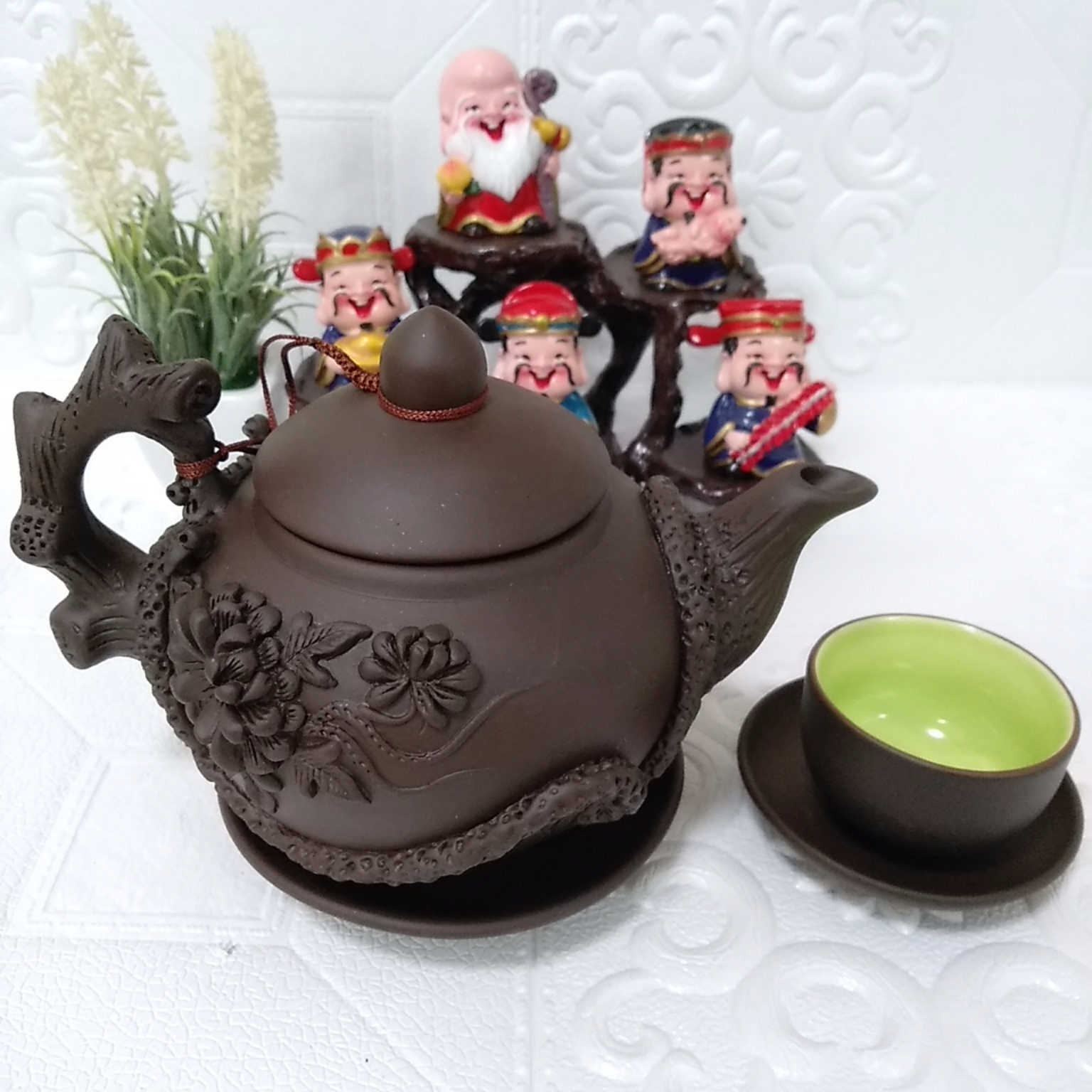 Bộ ấm chén đất nung Bát Tràng hoa phù dung 400ml màu đen