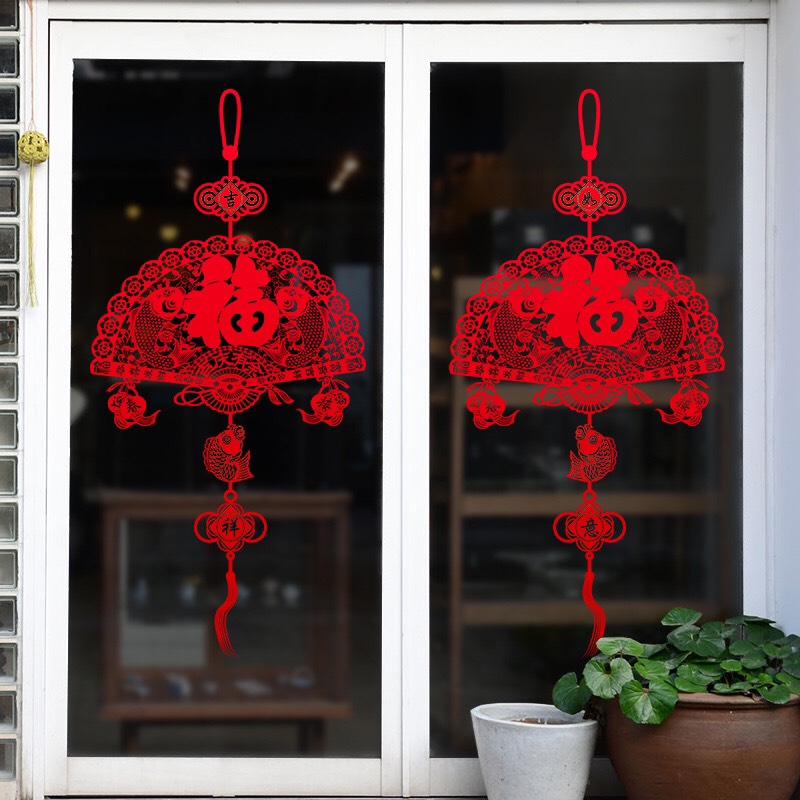 Decal trang trí tết - Rèm dây Quạt Xòe đỏ đón xuân
