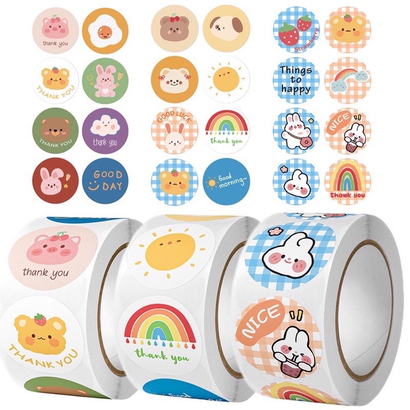 Cuộn 500 tem dán, sticker thank you, cảm ơn, hoạt hình, niêm phong