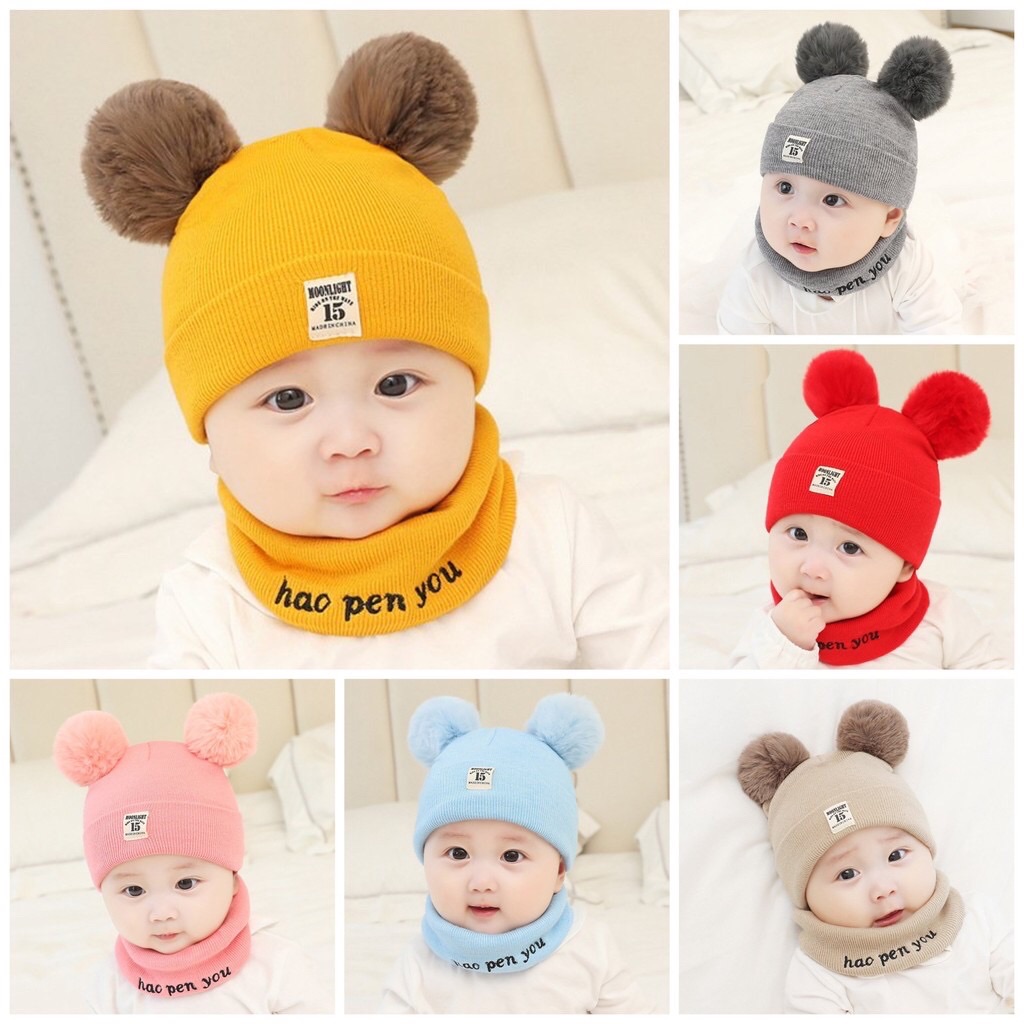 Set mũ / nón len quả bông kèm khăn ống cho bé trai và bé gái
