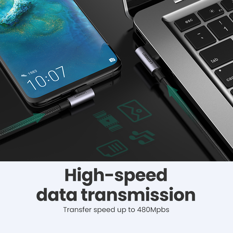 UGREEN Cáp USB C Nylon Cáp Sạc Nhanh 90 Độ Cáp Loại C, Dành Cho Xiaomi Redmi Note 9 SRedmi Note 9S Tiện Lợi Cáp Pubg Chơi Game Dành Cho Xiaomi A1/A2Mi 6/ Mi 8/Pocophone F1/Redmi Note 7/Huawei Nova 3/P9/Samsung Note 9/S8, V. V.  Model:20855