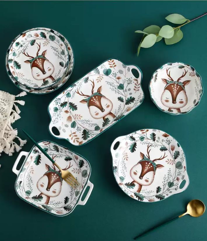 Bộ chén bát ăn cơm, đĩa khay gốm sứ Nai đen decor cao cấp