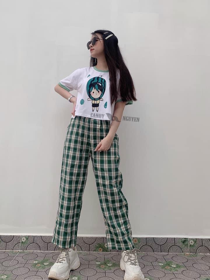 Sét bộ kate caro xanh quần dài phối áo thun croptop in hình chú bé dưa hấu đang yêu TTSLA0557