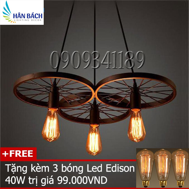 [HCM]Bộ 3 đèn thả trần bánh xe trang trí nhà quán cà phê (Tặng kèm 3 bóng Led Edison 4W)