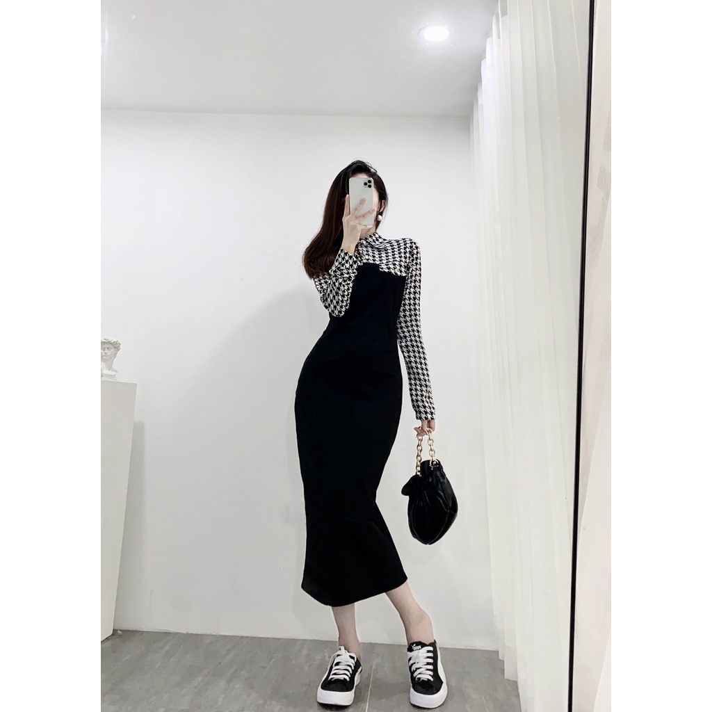 váy phối lụa hoạ tiết Hounstooth phối umi vuông cao cấp đanh mịn 2218