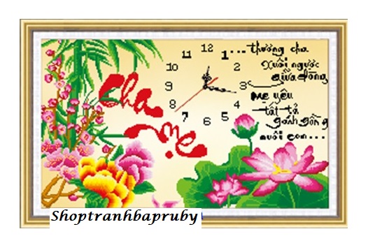 [HCM]Tranh đính đá Cha Mẹ đồng hồ hoa sen DF164 kích thước75 x 48 cm