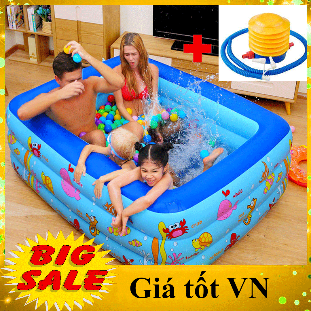 [LOẠI MỚI VỀ- HÀNG DÀY ĐẸP- DÀY DÀI 1M5- TẶNG KÈM bơm tay, KEO VÀ MIẾNG VÁ] Bể bơi phao hình chữ nhật 3 tầng cho bé và gia đình vui chơi, bể tắm trẻ em cao cấp