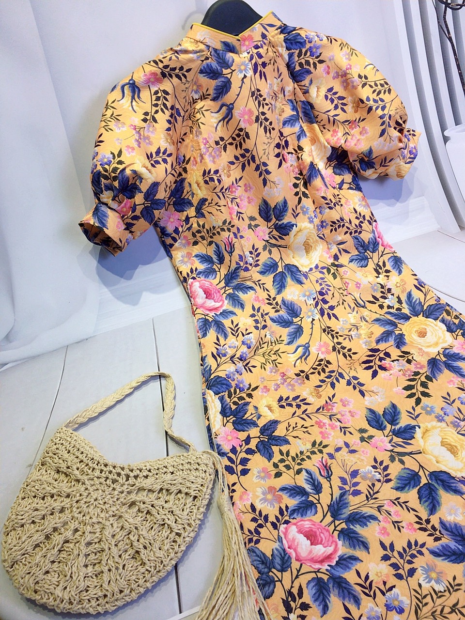 (Single Size Available) Modernized Yellow Brocade Ao Dai with Stylized Puffy Sleeves