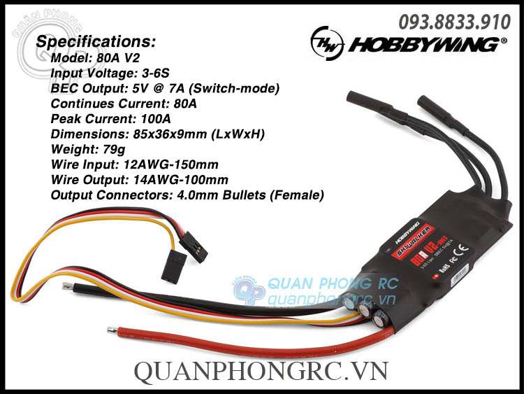 Điều tốc ESC Hobbywing Skywalker 80A V2  UBEC Brushless ESC (3-6S) 80060440