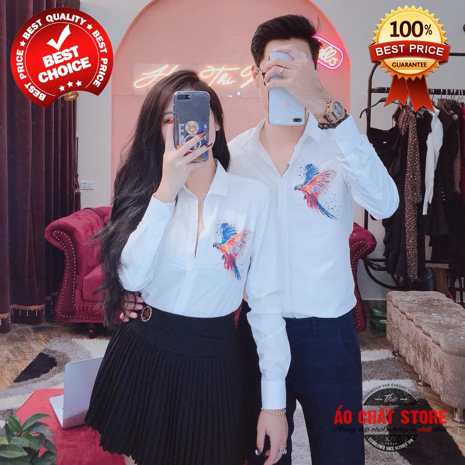 Áo sơ mi cặp nam nữ họa tiết chim vẹt siêu hot | áo đôi tình nhân đẹp