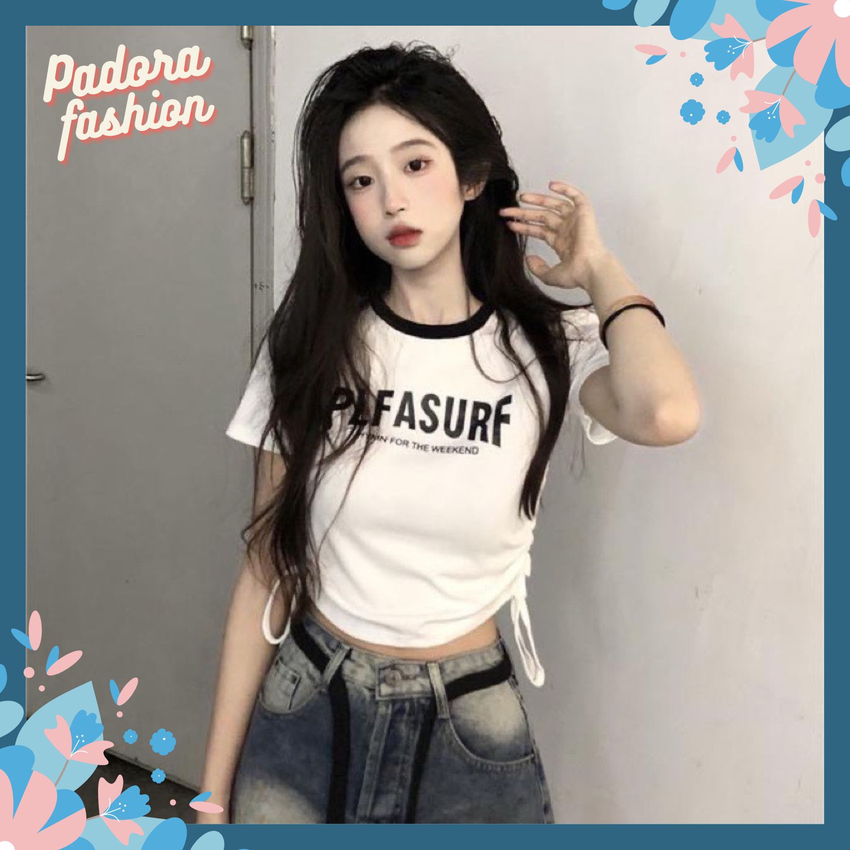 Áo babytee cổ tròn áo thun dáng croptop dây rút 2 bên sườn Padora-A58
