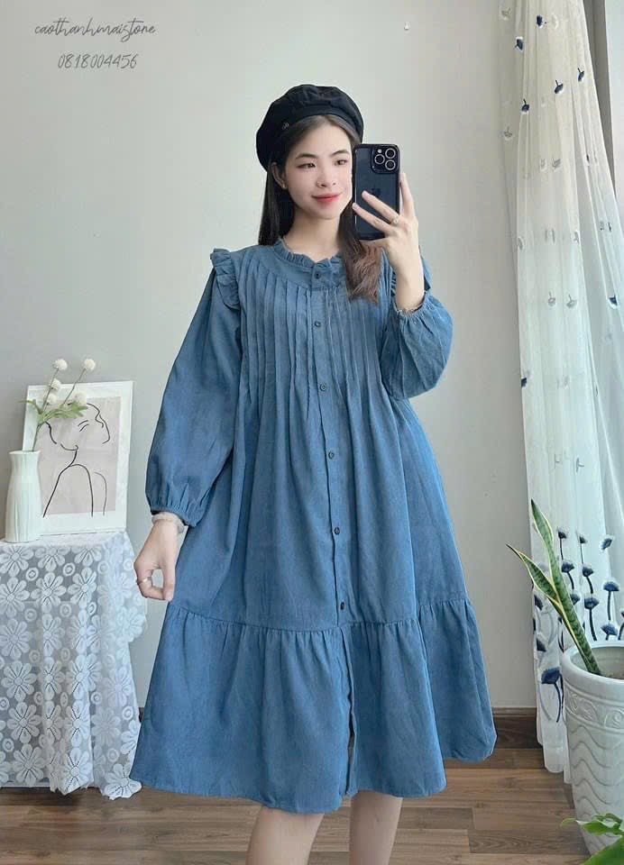 Váy Bầu Nhung Tăm, Váy Thu Đông, Cổ Đức