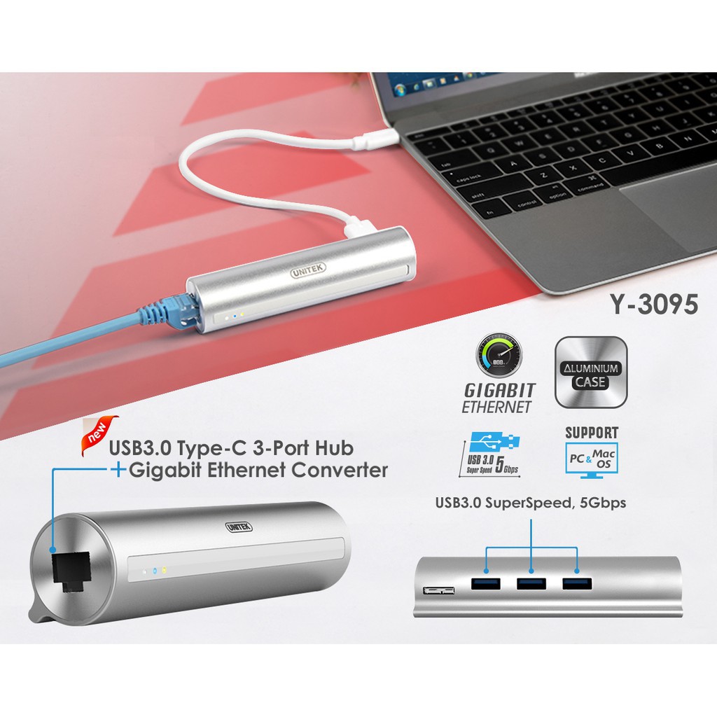 Hub/ Bộ chia USB 3.0 3 Ports + LAN Unitek (Y-3095) + Type-C