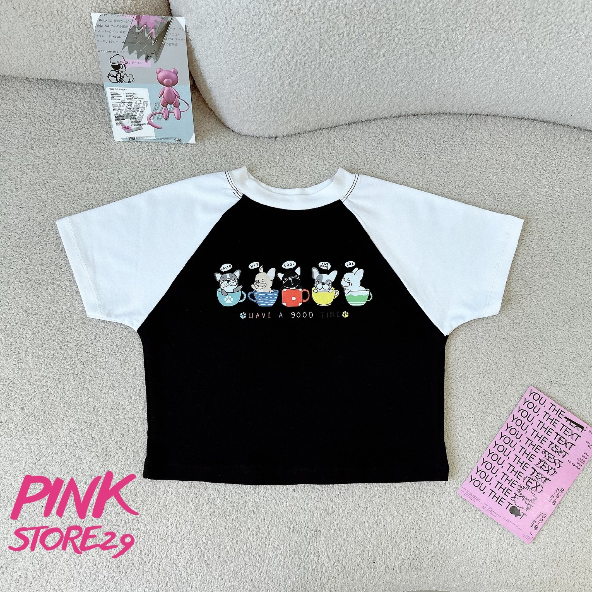 Áo croptop tay raglan pinkstore29 in hình icon chibi dễ thương a5964
