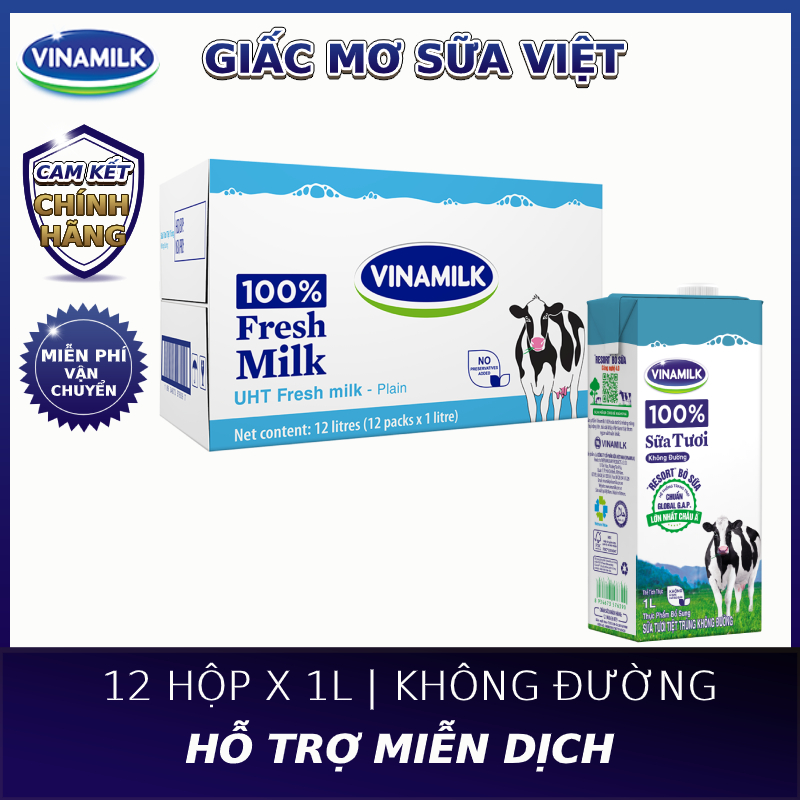 Thùng 12 Hộp Sữa Tươi Tiệt Trùng Vinamilk 100% Không đường-Hộp Giấy 1L Với Giá Sốc Thùng 12 Hộp Sữa Tươi Tiệt Trùng Vinamilk 100% Không đường-Hộp Giấy 1L Với Giá Sốc