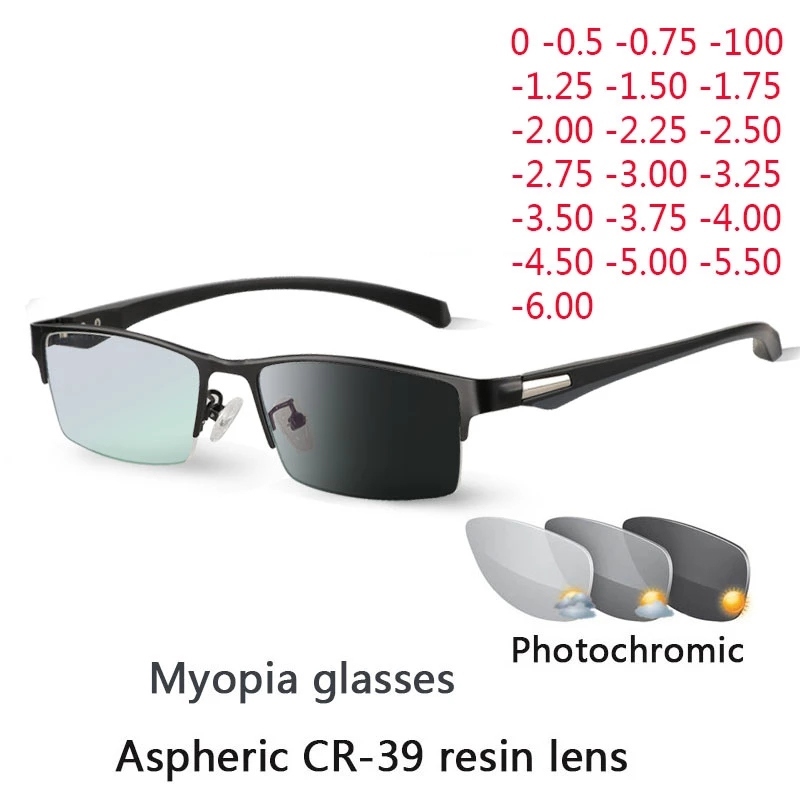 Sun Photochromic Myopia Eyeglasses Men Finished Chameleon Lens Prescription Glasses Half  Metal Frame  0.5  0.75  1.0  2 To  6
