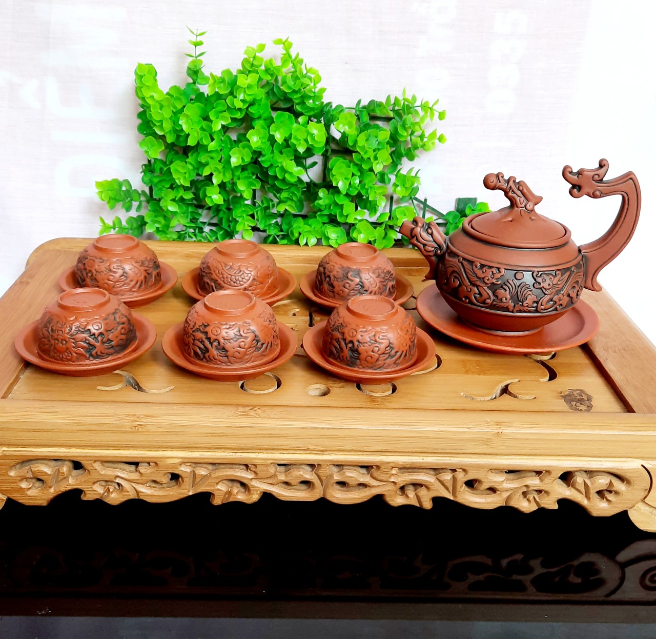 Bộ ấm trà tử sa khắc nổi cao cấp gốm sứ Bát Tràng