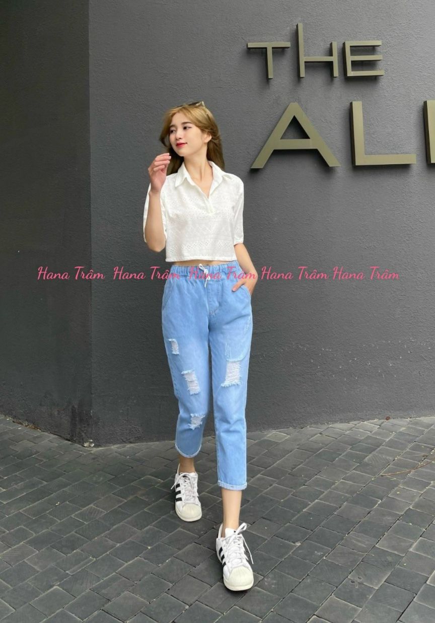 Quần Baggy Jean Nữ Lưng Thun Mẫu Rách Lật Lai Màu Xanh Nhạt Có Size Lớn