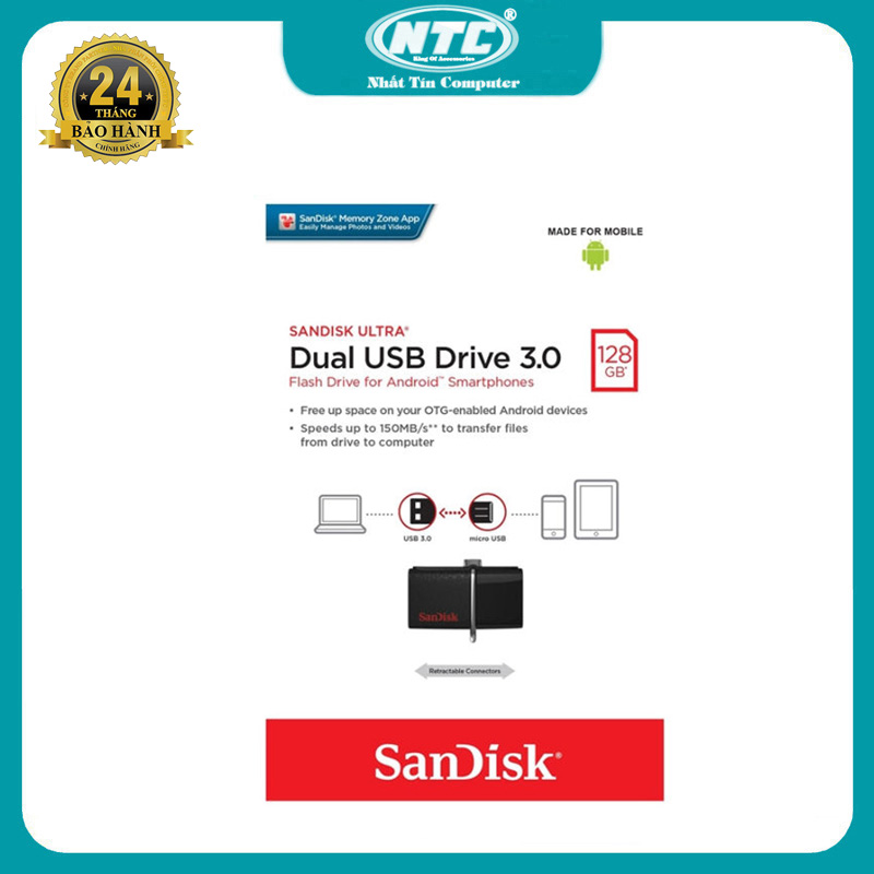 USB OTG 128GB Sandisk SDDD2 ultra dual USB drive 3.0 tốc độ 150MB/s (Đen) Nhất Tín Computer