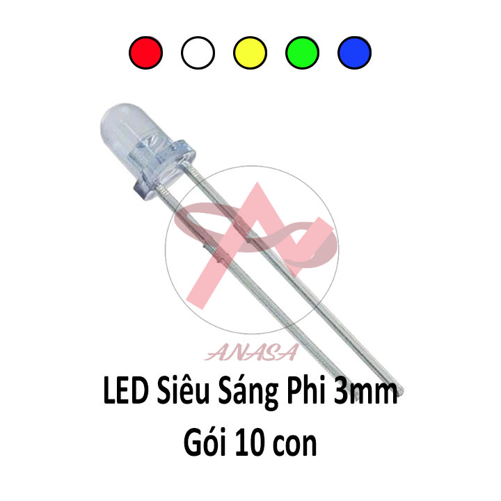 Gói 10 led siêu sáng phi 3mm, phi 5mm, phi 10mm