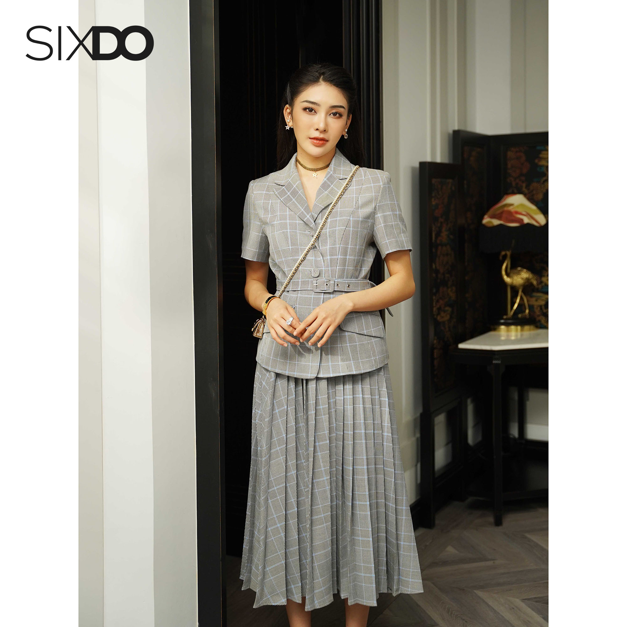 Chân váy xếp ly dệt thoi họa tiế kẻ SIXDO (Multi-coloured Check Pleated Midi Woven Skirt)