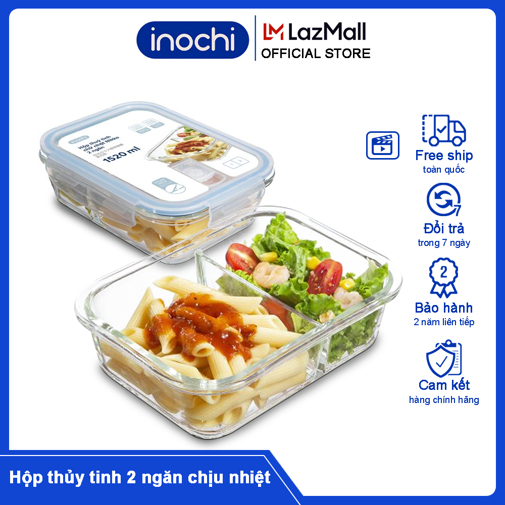 Hộp thủy tinh Nikko inochi hai ngăn - hộp đựng bảo quản thực phẩm cao cấp sử dụng cho nội chợ , hộp cơm thủy tinh cho dân văn phòng sử dụng được trong lò vi sóng và tủ đông an toàn cho sức khỏe kháng khuẩn khủ mùi