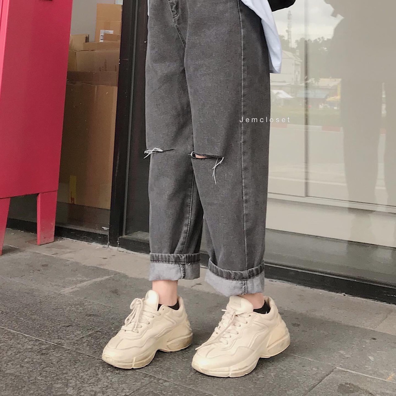 🧚🏻‍♀️baggy jeans xám lưng cao rách gối