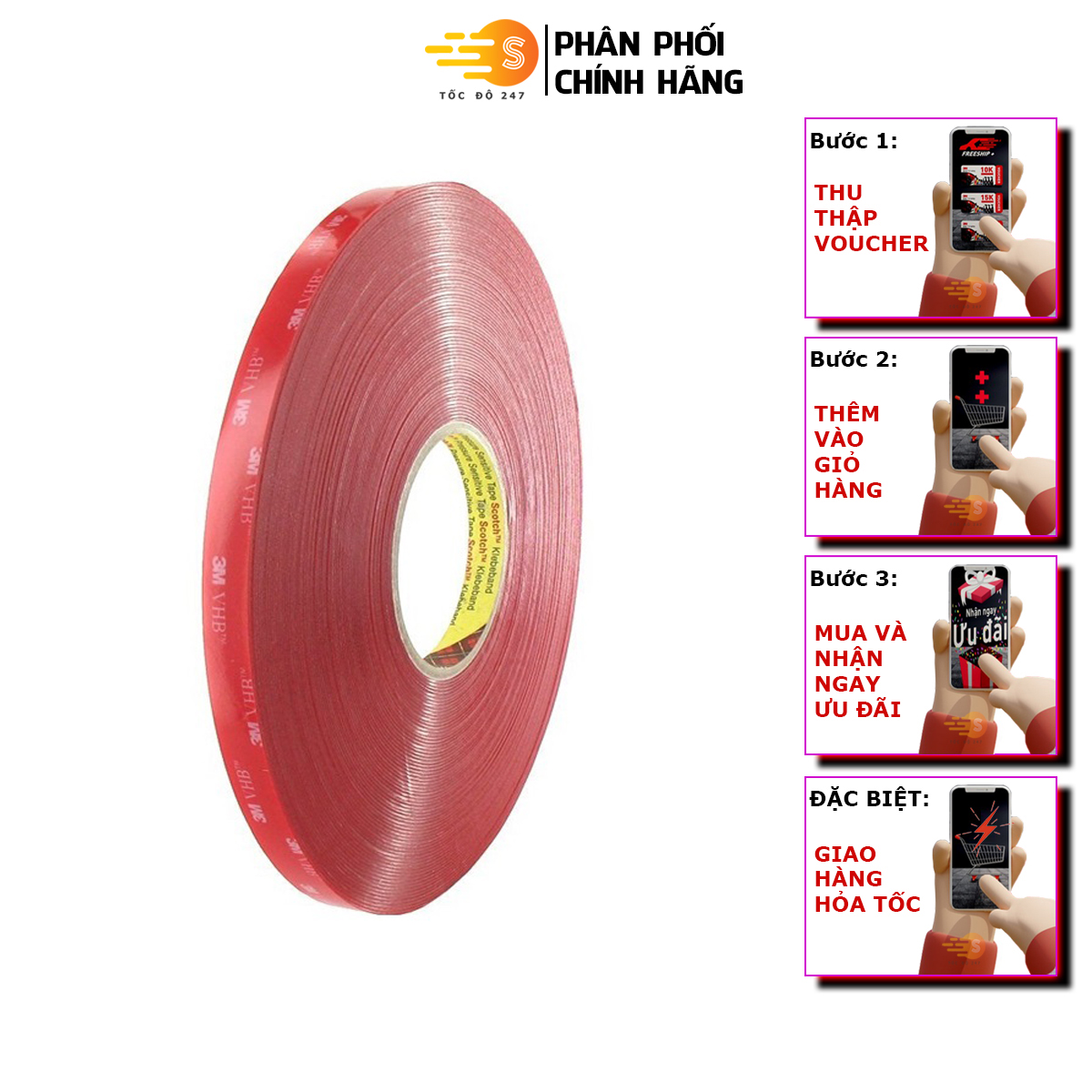 Băng keo cường lực trong suốt siêu dính 3M VHB 4910 - Tốc độ 247, nhiều kích thước, keo dán VHB, thẩm mỹ cao, chất lượng tốt, dán xe, dán logo, dán biển hiệu, dán kim loại, dán thủy tinh, dán mạch điện tử