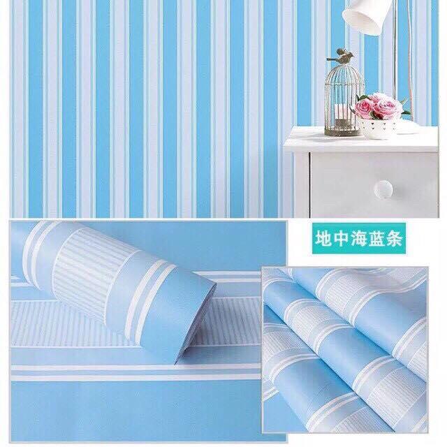 Combo 10M giấy decal dán tường mẫu sọc trắng xanh khố 45cm