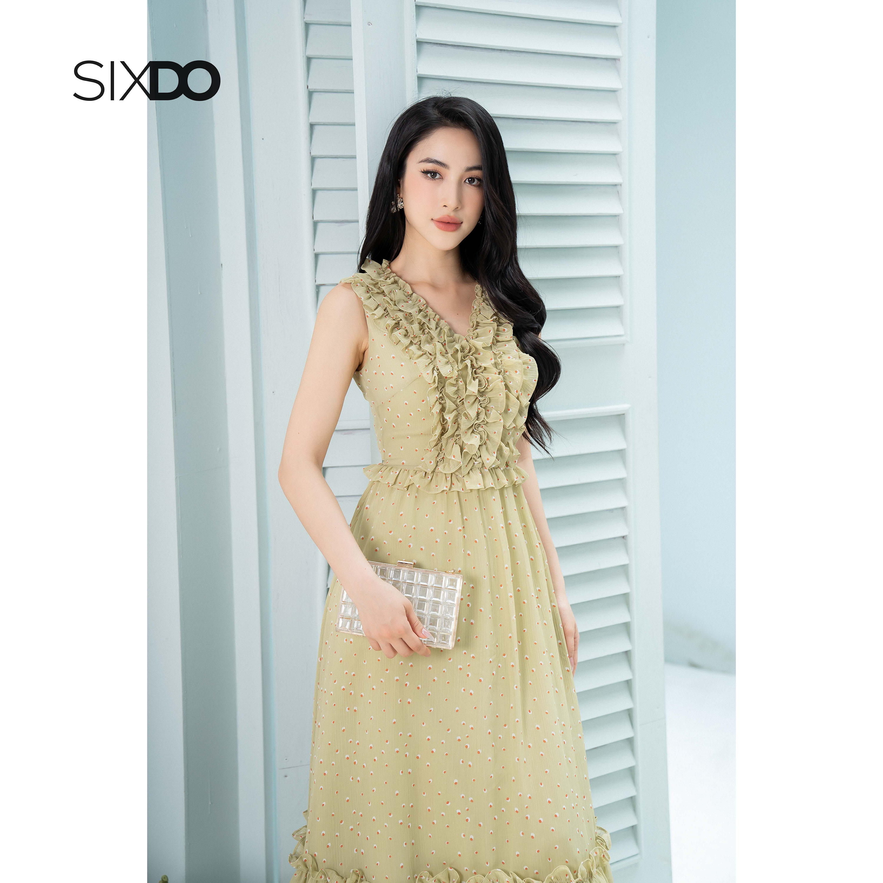 Đầm voan phối bèo cổ V sát nách thời trang SIXDO (Cyan Midi Voile Dress)
