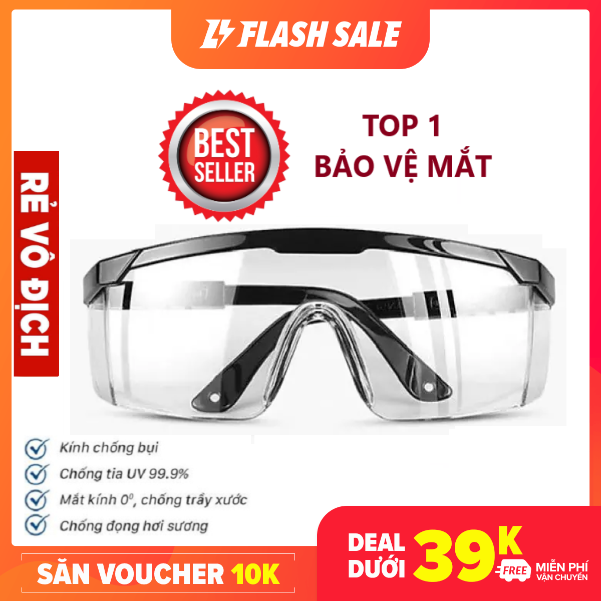 [DEAL HOT] Kính Bảo Hộ Thời Trang Chống Văng Bắn Virut Chống tia UV Chống Nắng Chống Bụi Bảo Vệ Mắt - Hàng Chính Hãng