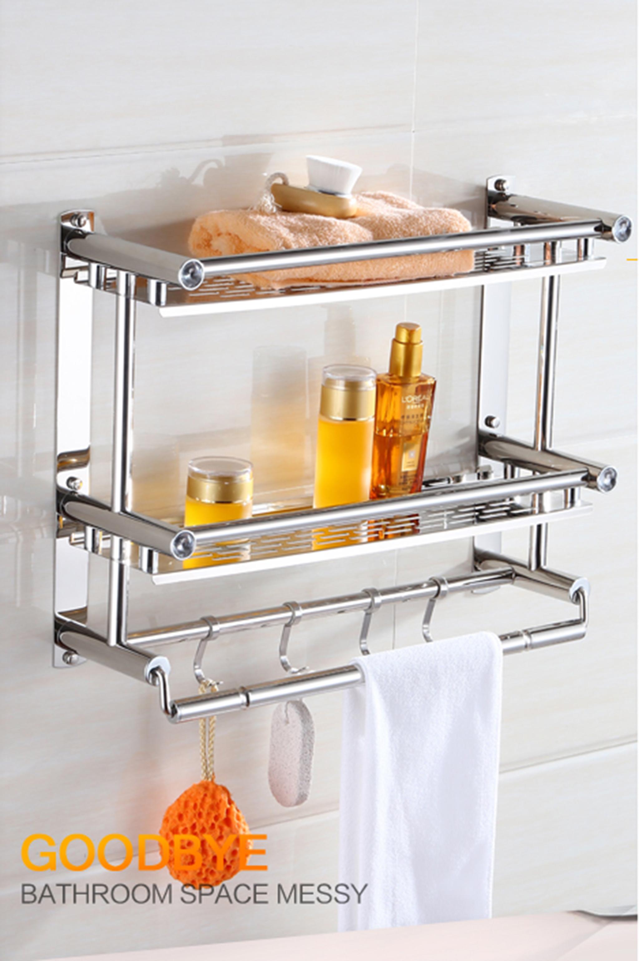 Giá/kệ inox dán tường 2 tầng có móc treo 60cm