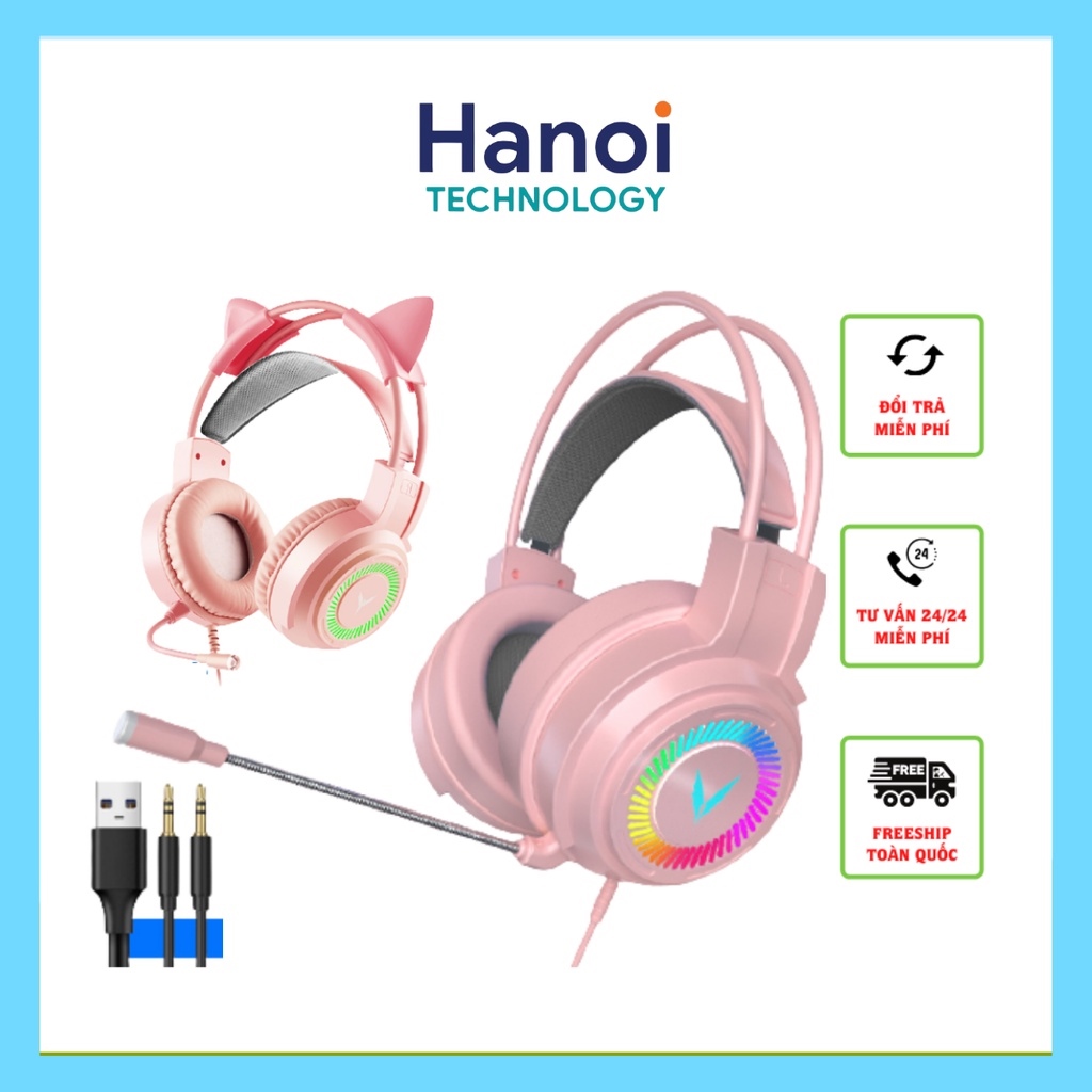 Tai nghe Gaming màu hồng có đèn Led và Mic tai nghe chụp