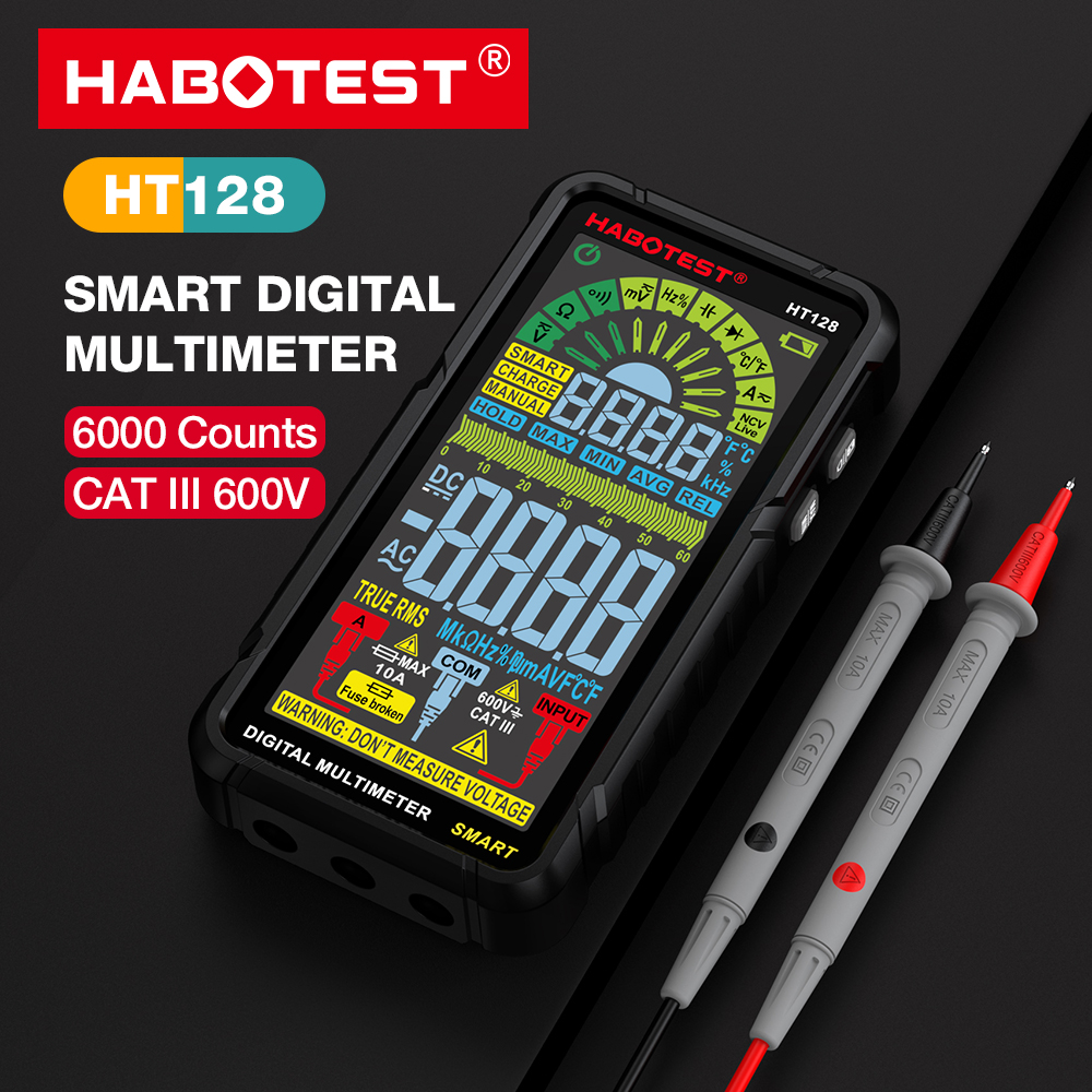 HABOTEST HT128 AC/DC Ammeter Voltmeter 6000 Counts Votage Current Ohm Test Tool Auto-Ranging Multi-function Rechargable