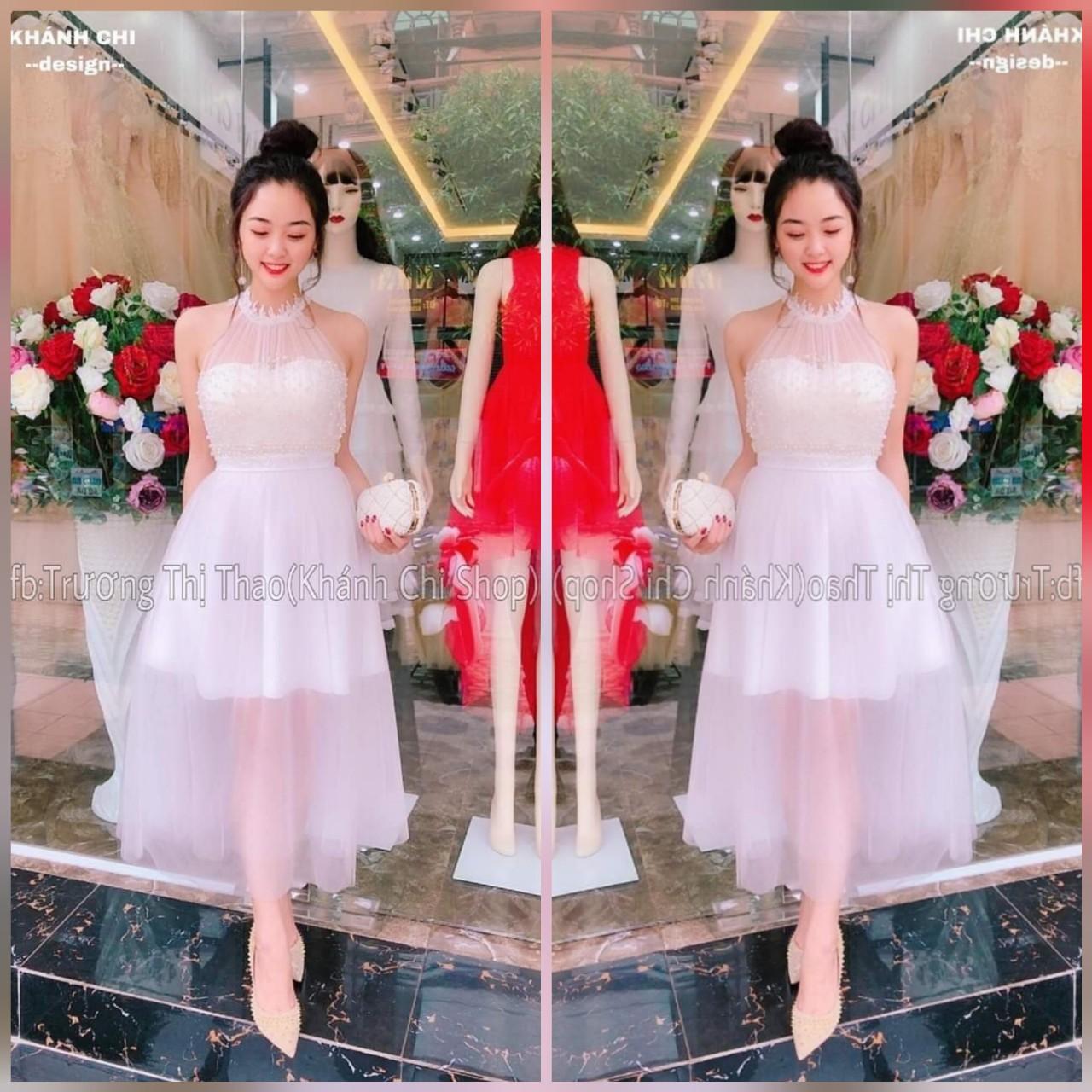 [HCM]Đầm Maxi Cổ Yếm Đính Ngọc Trai