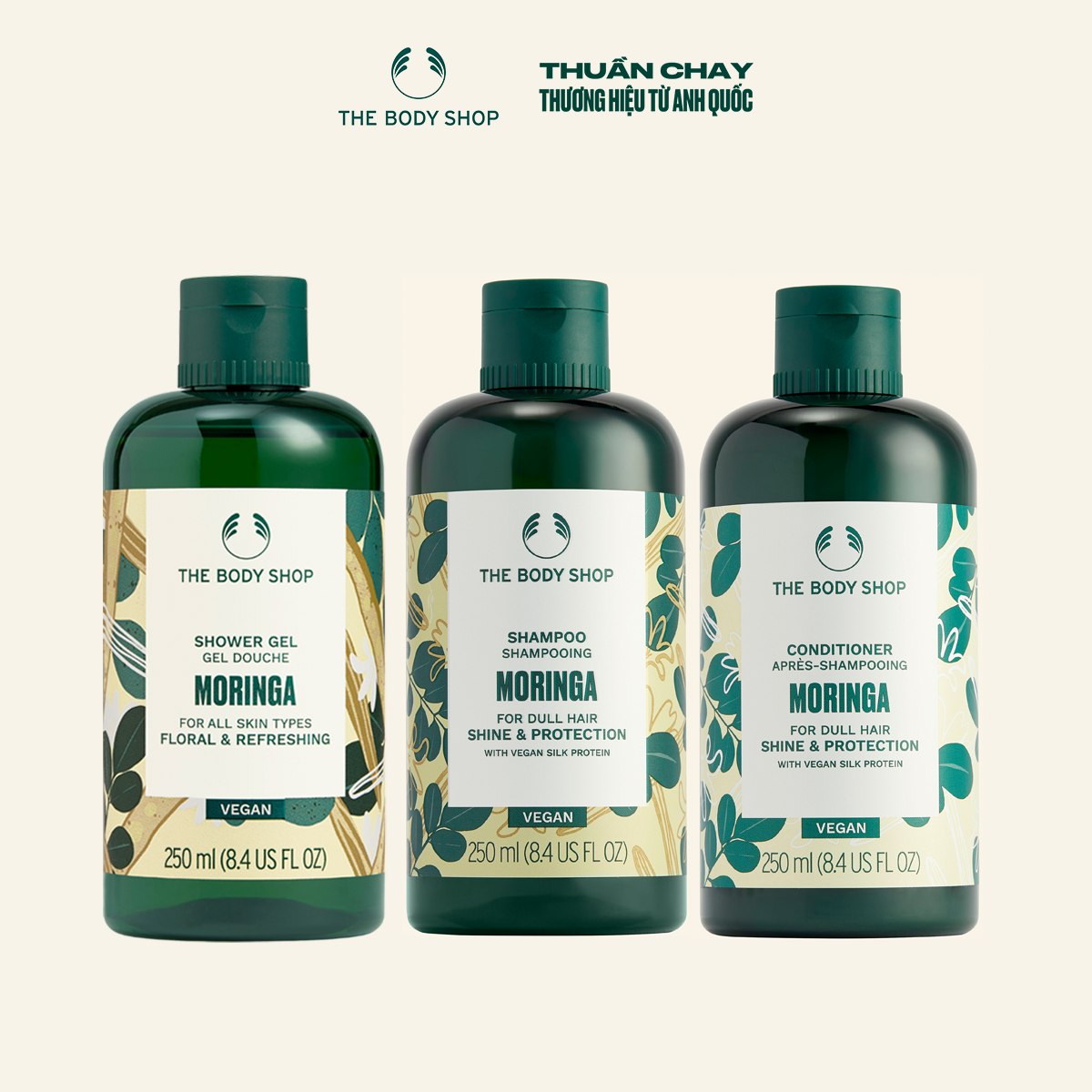 Combo tắm-gội-xả hương hoa chùm ngây moringa the body shop 250ml