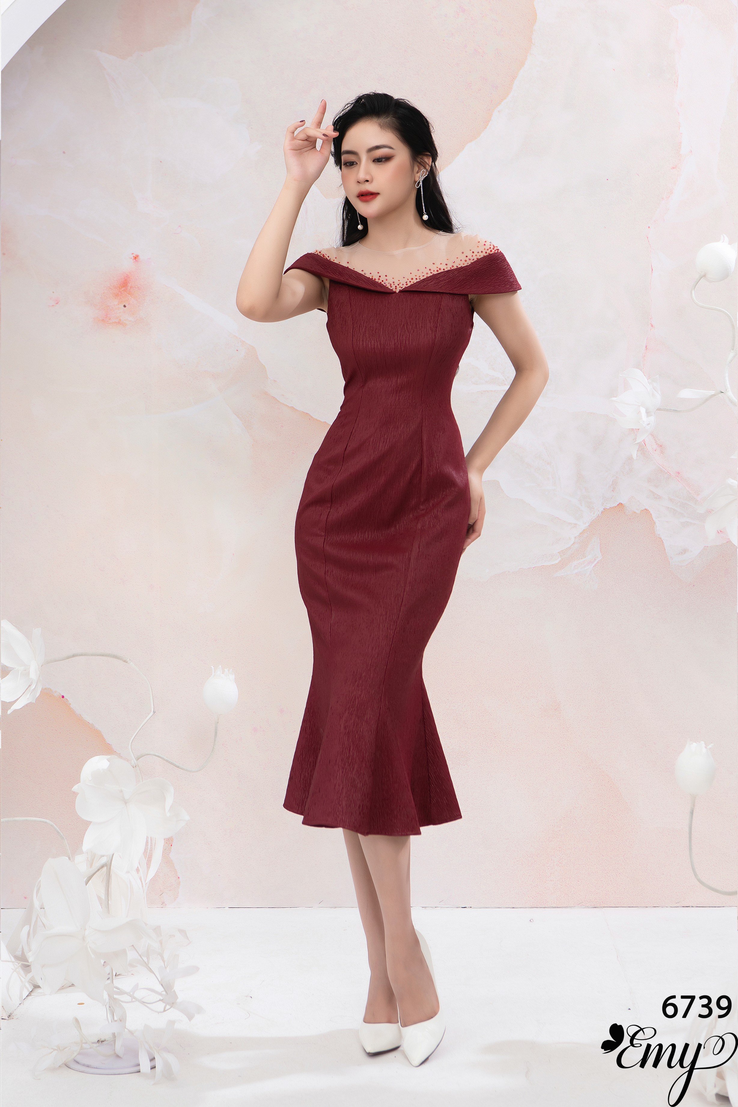 Đầm EMY EM6739 Body Đuôi Cá Phối Lưới