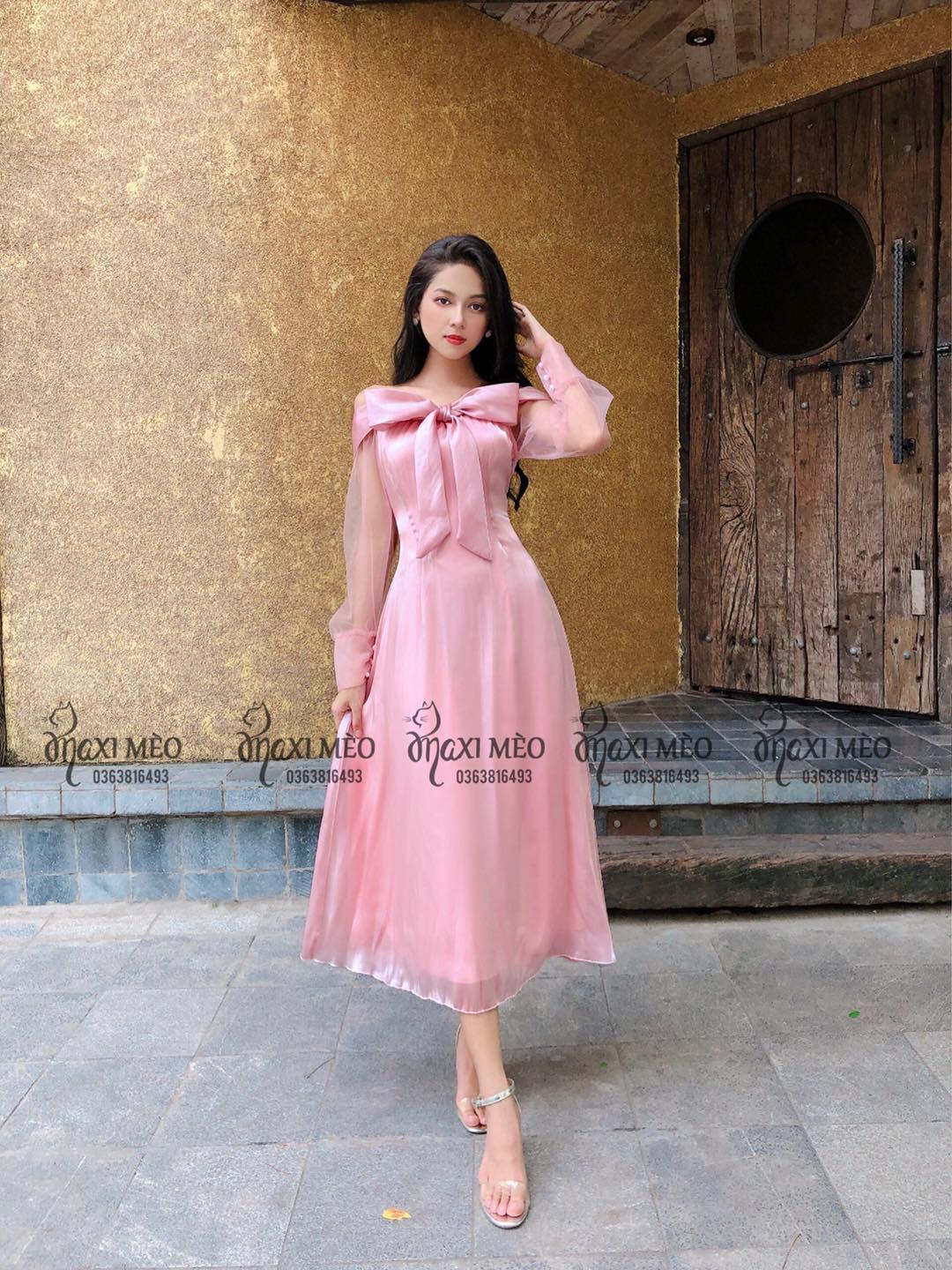 Váy lụa organza hồng nơ ngực 🎀
