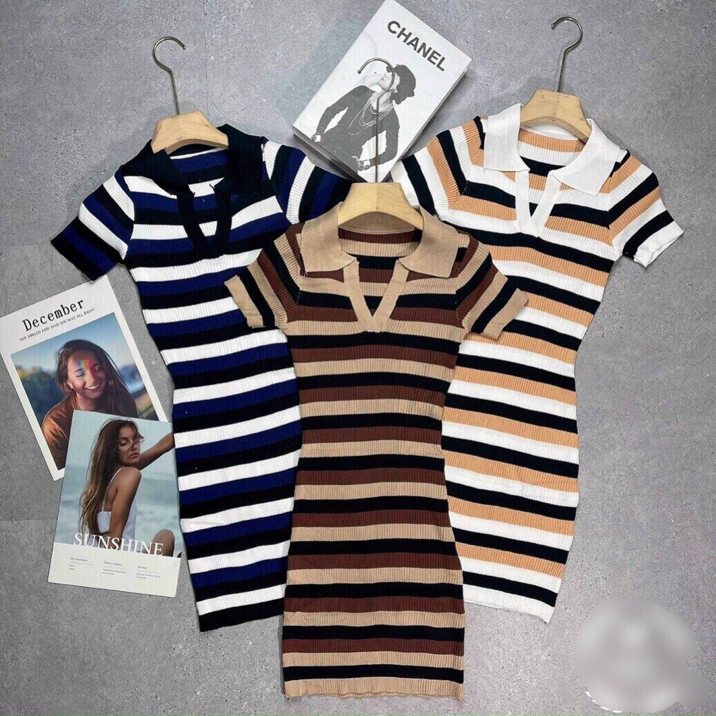 Váy len polo body kẻ ngang